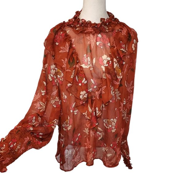 Eloquii Tops - Eloquii Flowy Sheer Ruffle Top Lightweight Brown Red & White Floral Plus Sz 22